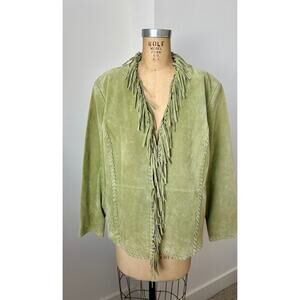 Chico's Design Dialouge Green Suede Jacket Blazer with Fringe size 2